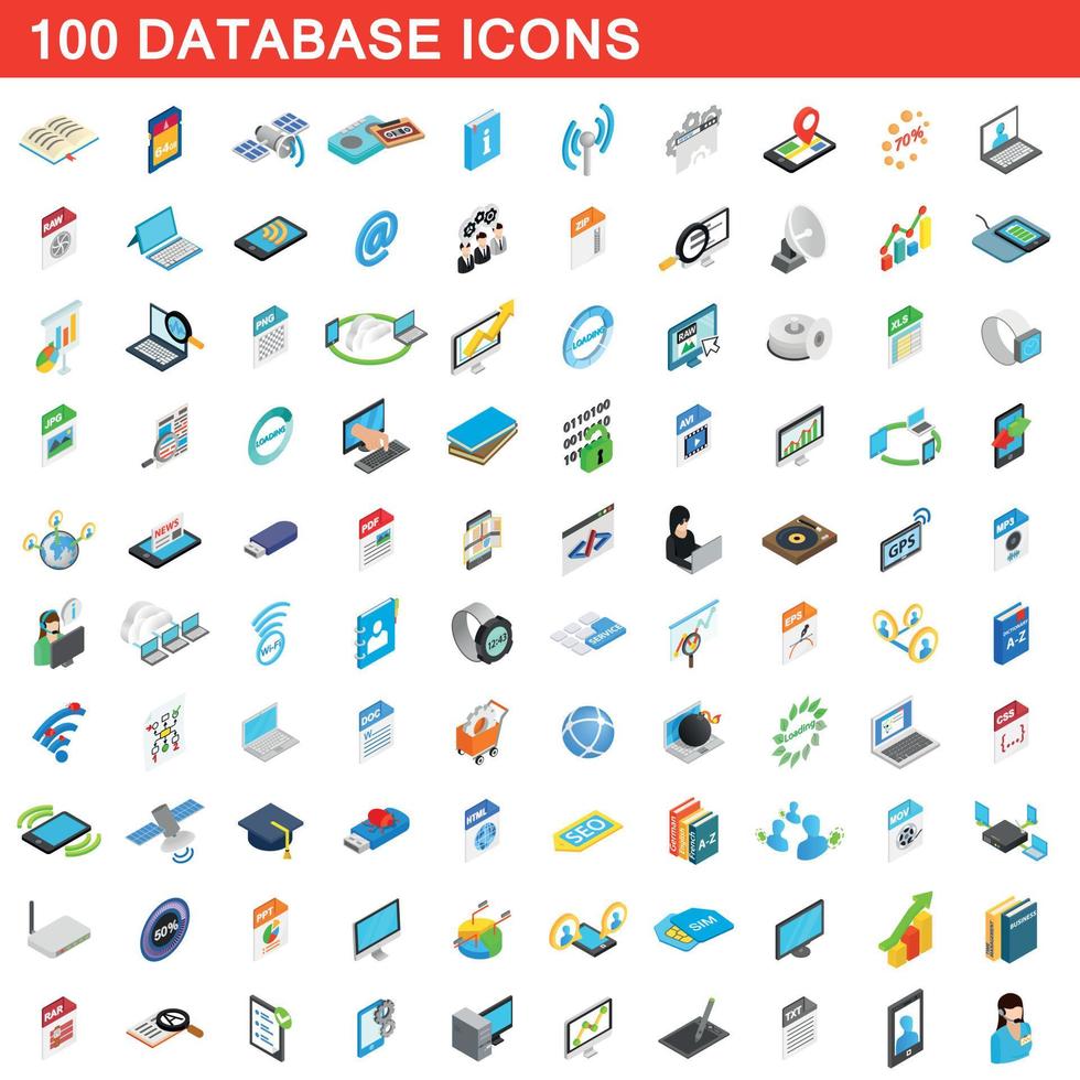 100 Datenbanksymbole gesetzt, isometrischer 3D-Stil vektor