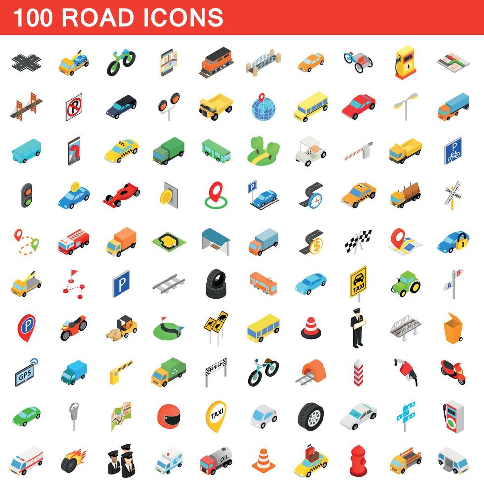 100 Straßensymbole gesetzt, isometrischer 3D-Stil vektor
