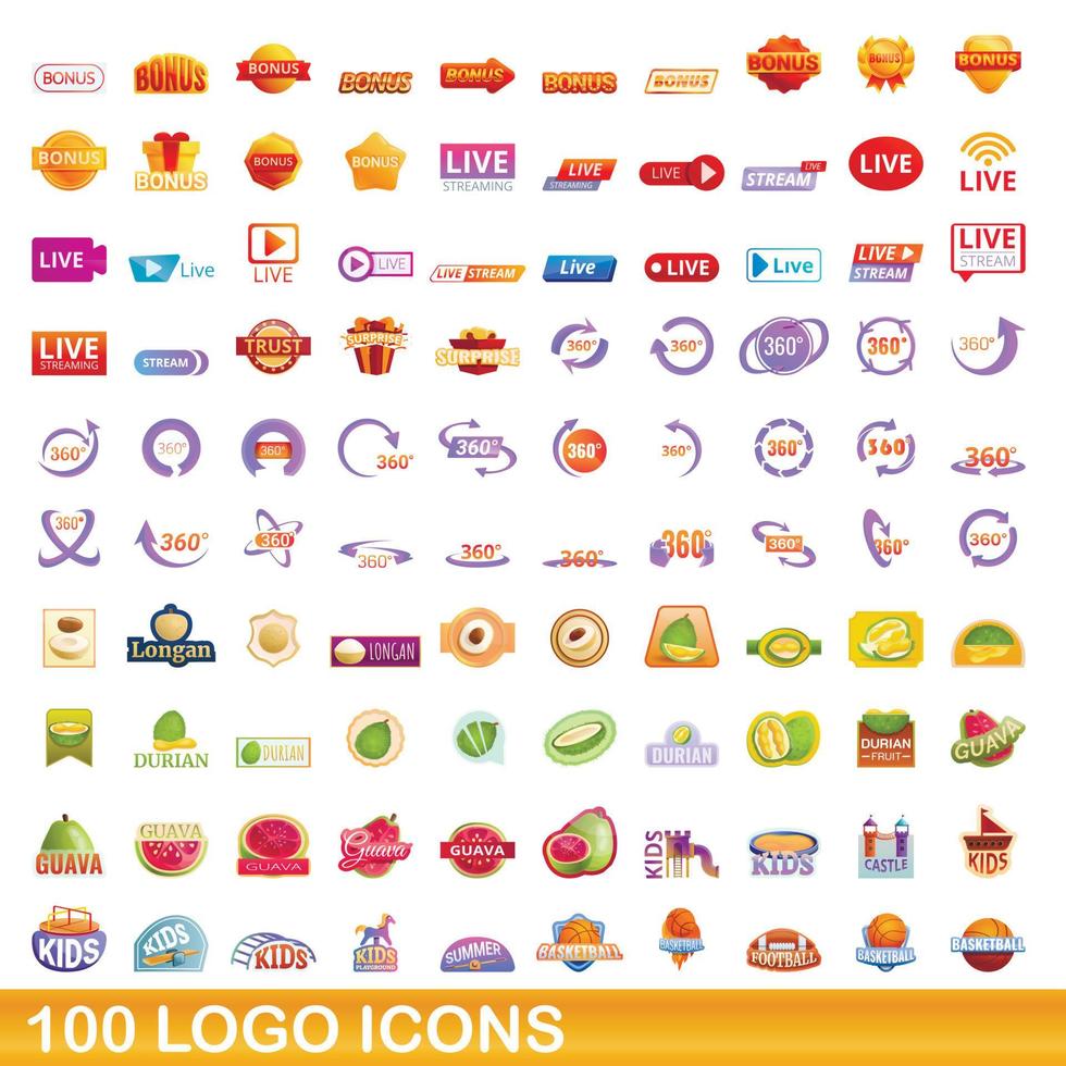 100 logotyp ikoner set, tecknad stil vektor