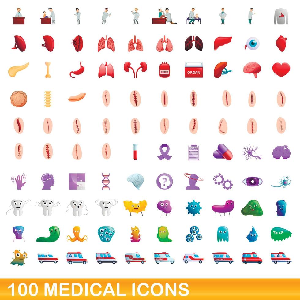 100 medizinische Symbole im Cartoon-Stil vektor