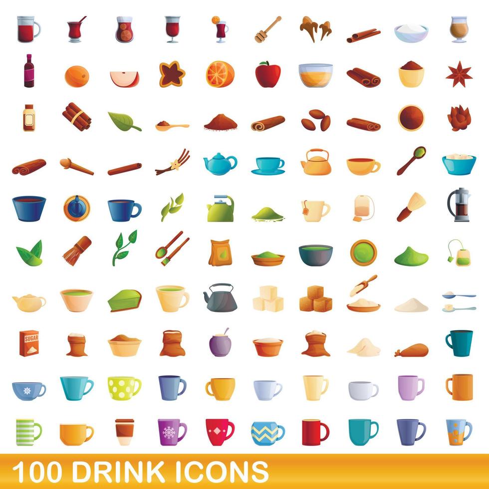 100 drink ikoner set, tecknad stil vektor