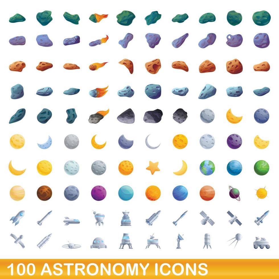 100 astronomi ikoner set, tecknad stil vektor