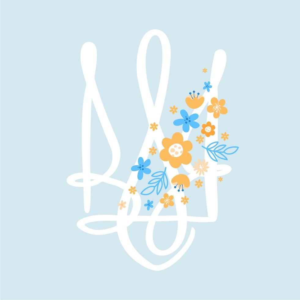 Vektor ukrainisches Symbol Dreizack-Symbol mit Blumen auf blauem Hintergrund. hand gezeichnetes kalligraphiewappen des ukrainischen staatsemblems farbillustrationsbild