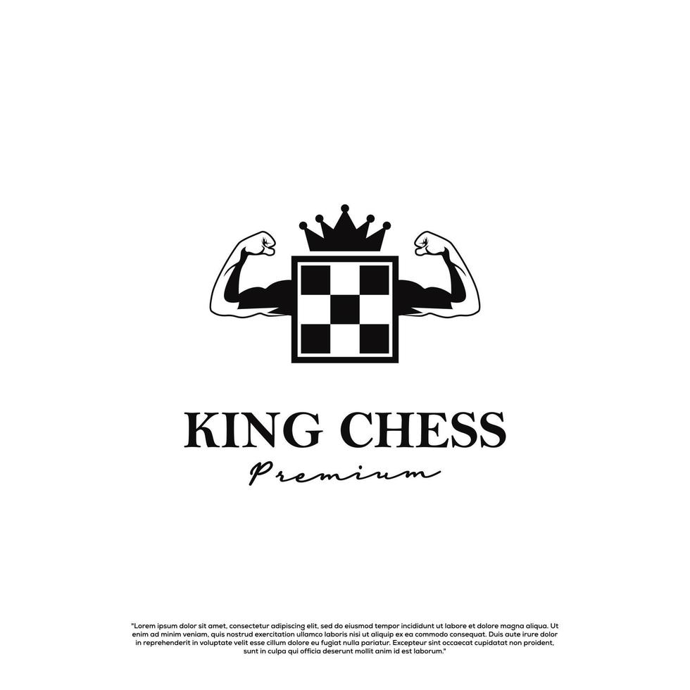 schackbräde med krona och stor muskel logotyp koncept vektor