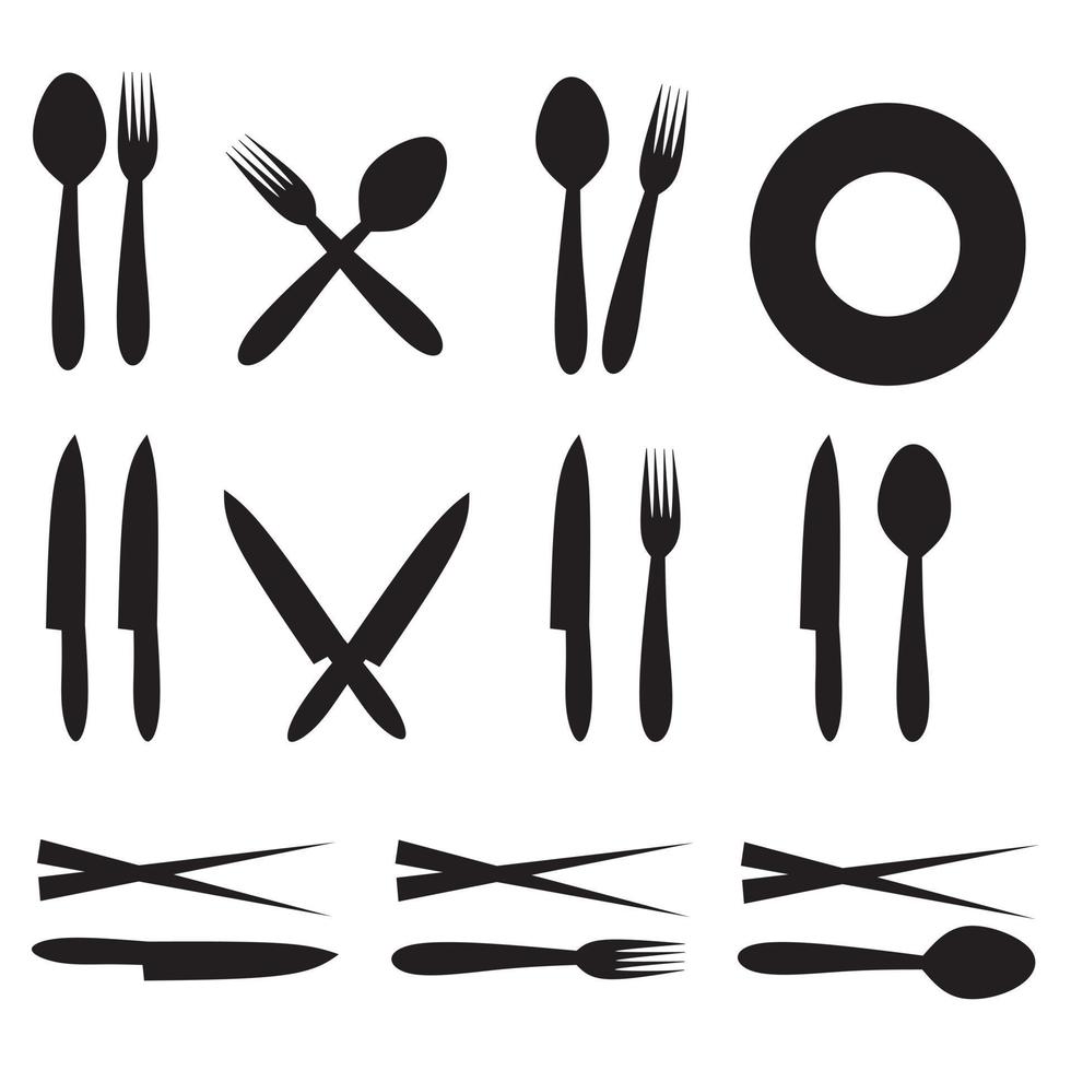 bestick ikon siluett, gaffel, sked och ätpinnar siluett set, vektor