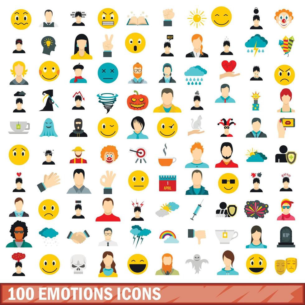 100 Emotionen Symbole gesetzt, flacher Stil vektor