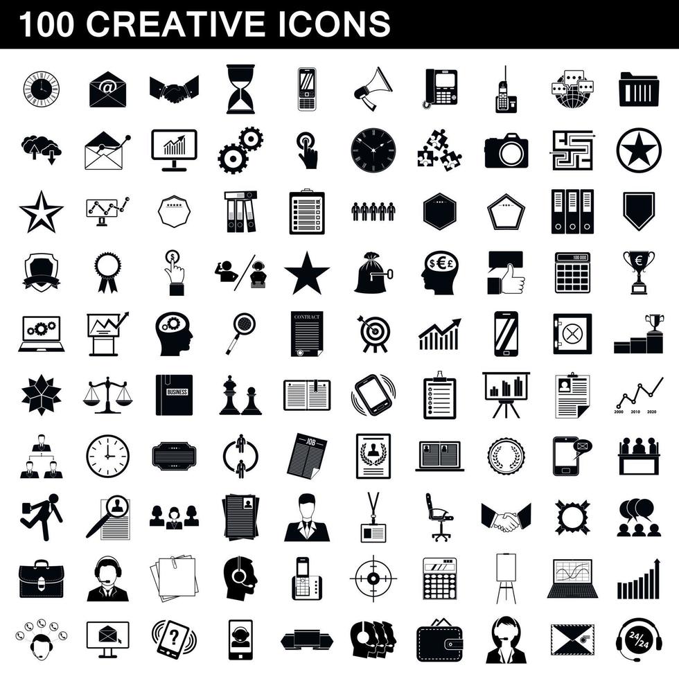 100 kreative Symbole gesetzt, einfacher Stil vektor