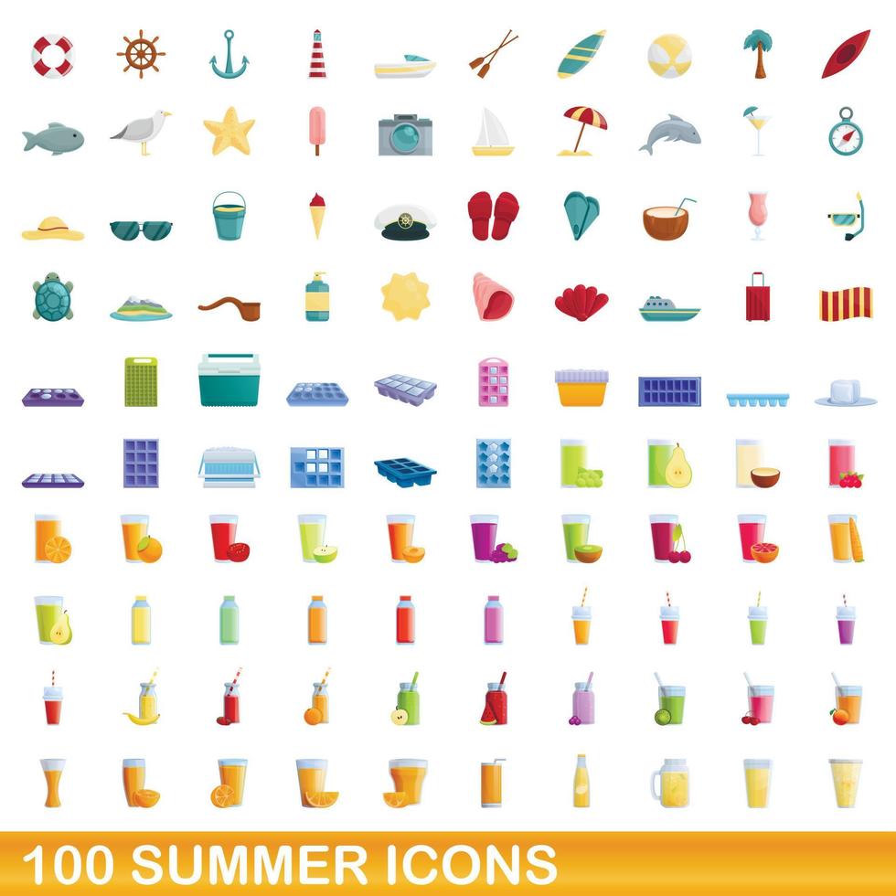 100 sommar ikoner set, tecknad stil vektor