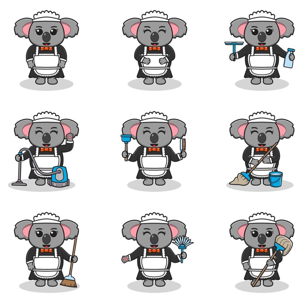 vektor illustration av söt koala med piga uniform. djurkaraktärsdesign. koala med rengöringsutrustning. uppsättning söta koala karaktärer.