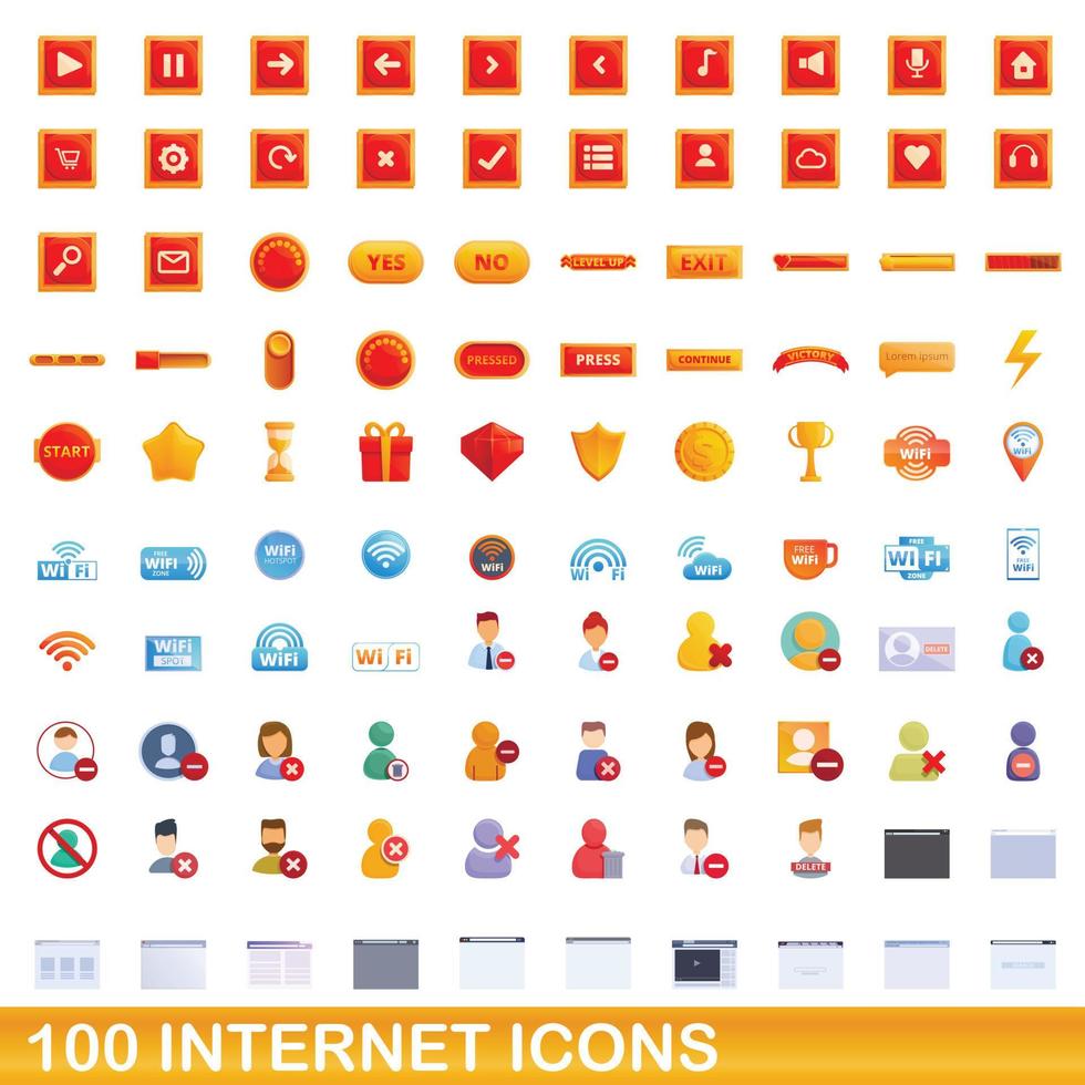 100 internet ikoner set, tecknad stil vektor