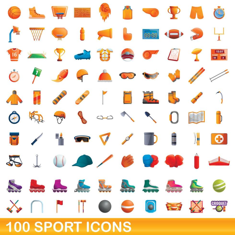 100 sport ikoner set, tecknad stil vektor