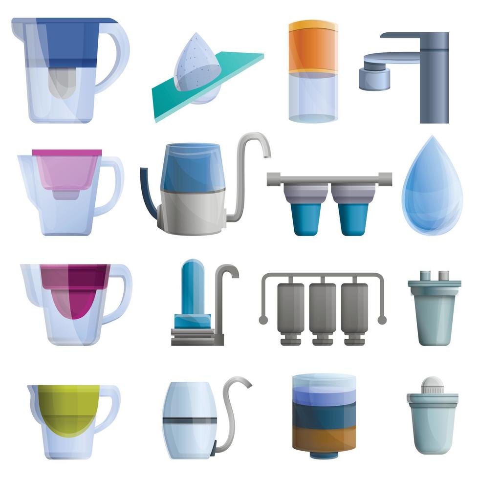 filter vatten ikoner set, tecknad stil vektor
