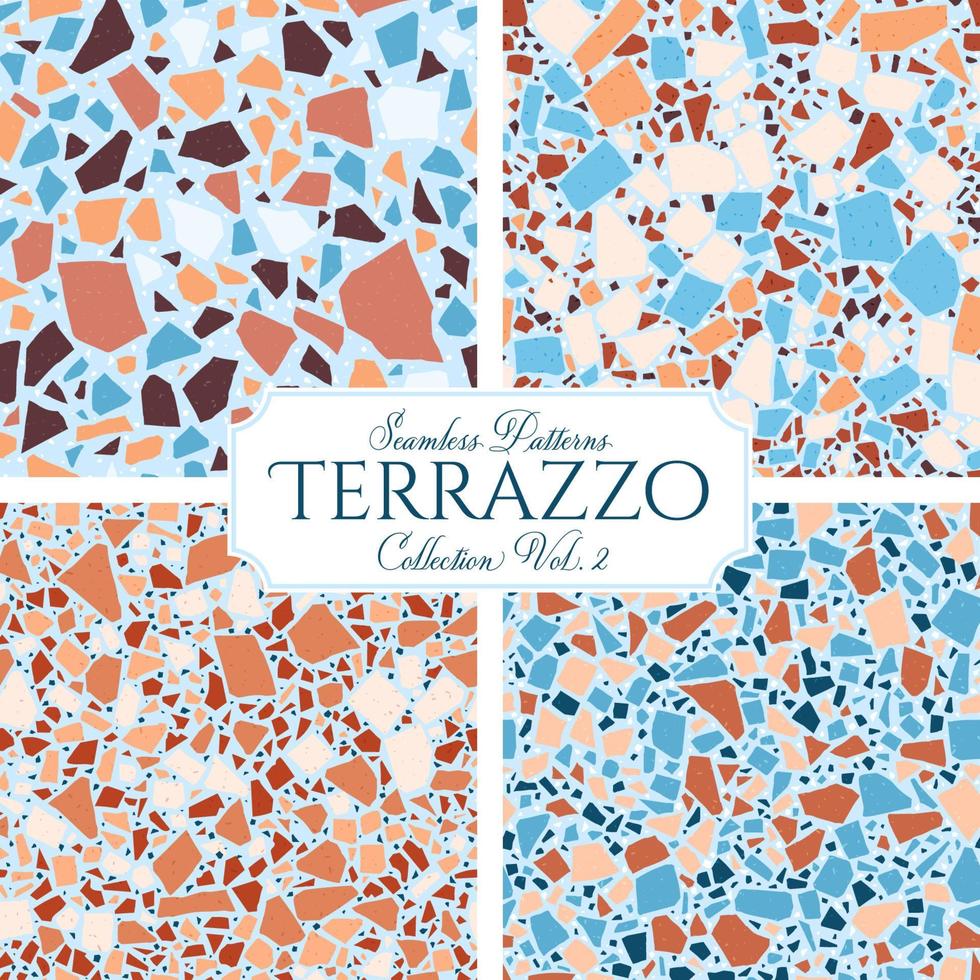 Terrazzo gebrochener Fliesenboden Textur nahtloses Muster, Vektor abstrakter Hintergrund mit chaotischen Mosaikstücken, bestehend aus Naturstein, Marmor, Glas und Betonimitationen.