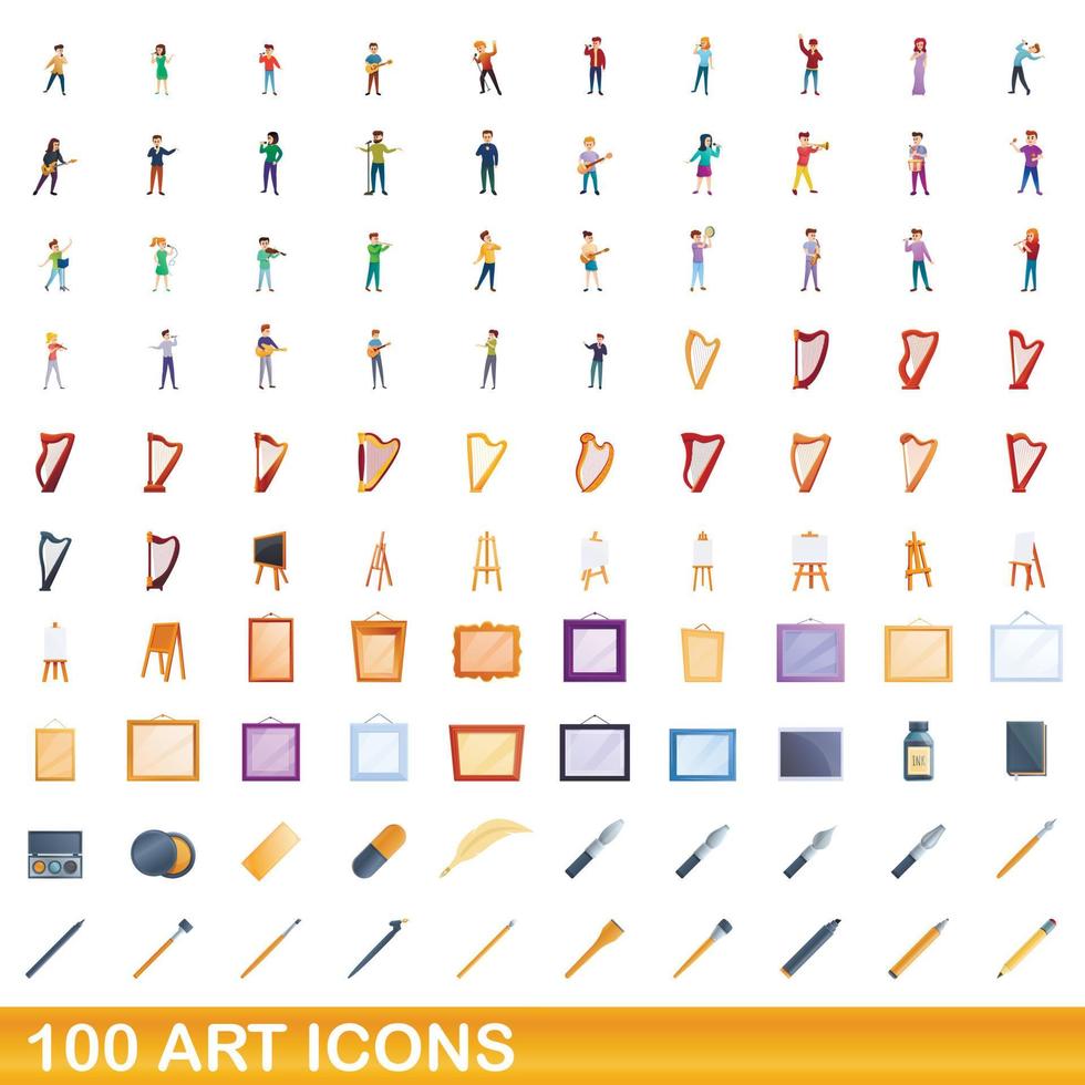 100 konst ikoner set, tecknad stil vektor