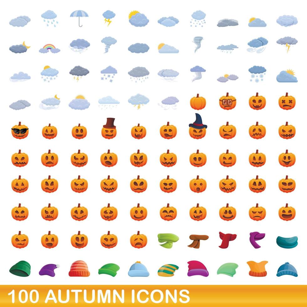 100 Herbst-Icons gesetzt, Cartoon-Stil vektor