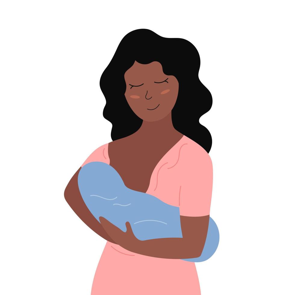 ammande barn. glad afrikansk amerikansk mamma matar baby. söt leende kvinna med nyfödda barn. platt vektor illustration