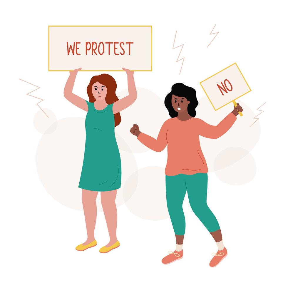 kvinnor protesterar. demonstration med plakat. arga flickor håller protestaffischer i händerna. afrikansk amerikansk kvinna ropar och höjer näven. platt vektorillustration vektor