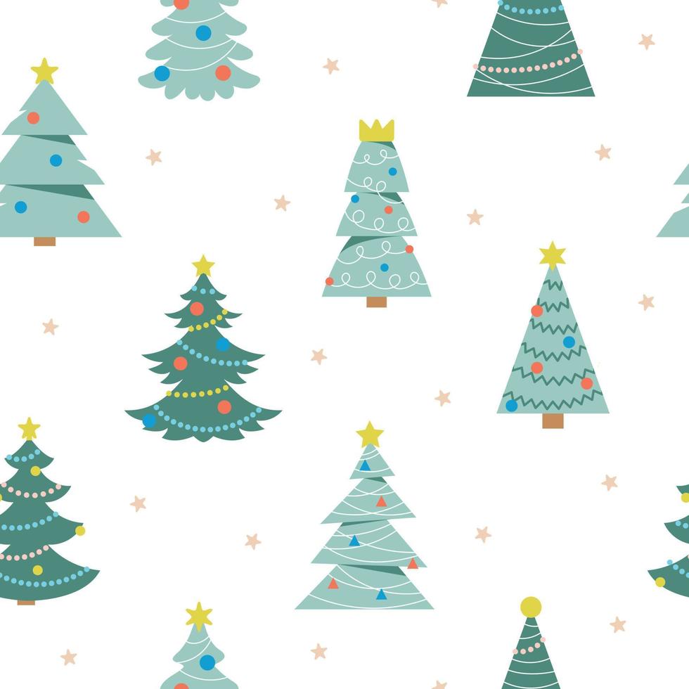 Nahtloses Muster mit Cartoon-Weihnachtsbäumen auf weißem Hintergrund. vektor