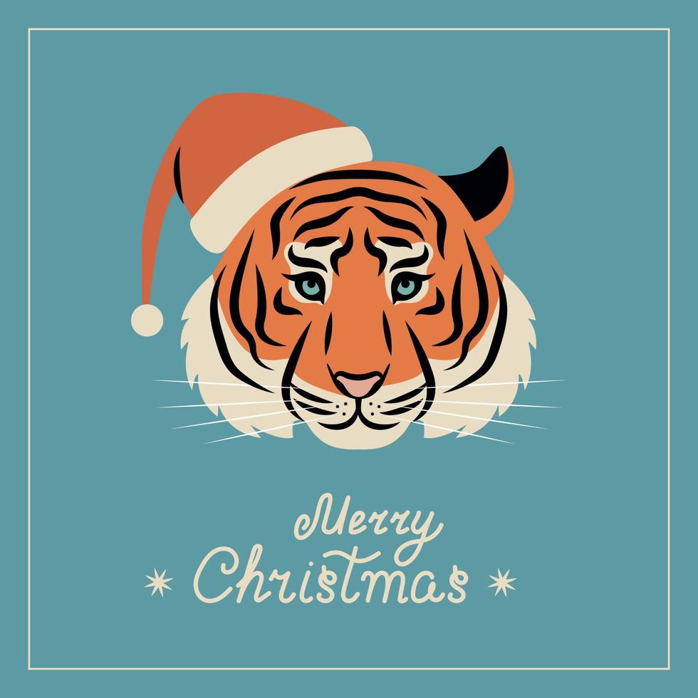 Postkarte der frohen Weihnachten und des guten Rutsch ins Neue Jahr mit Tigergesicht in Sankt-Hut. vektor