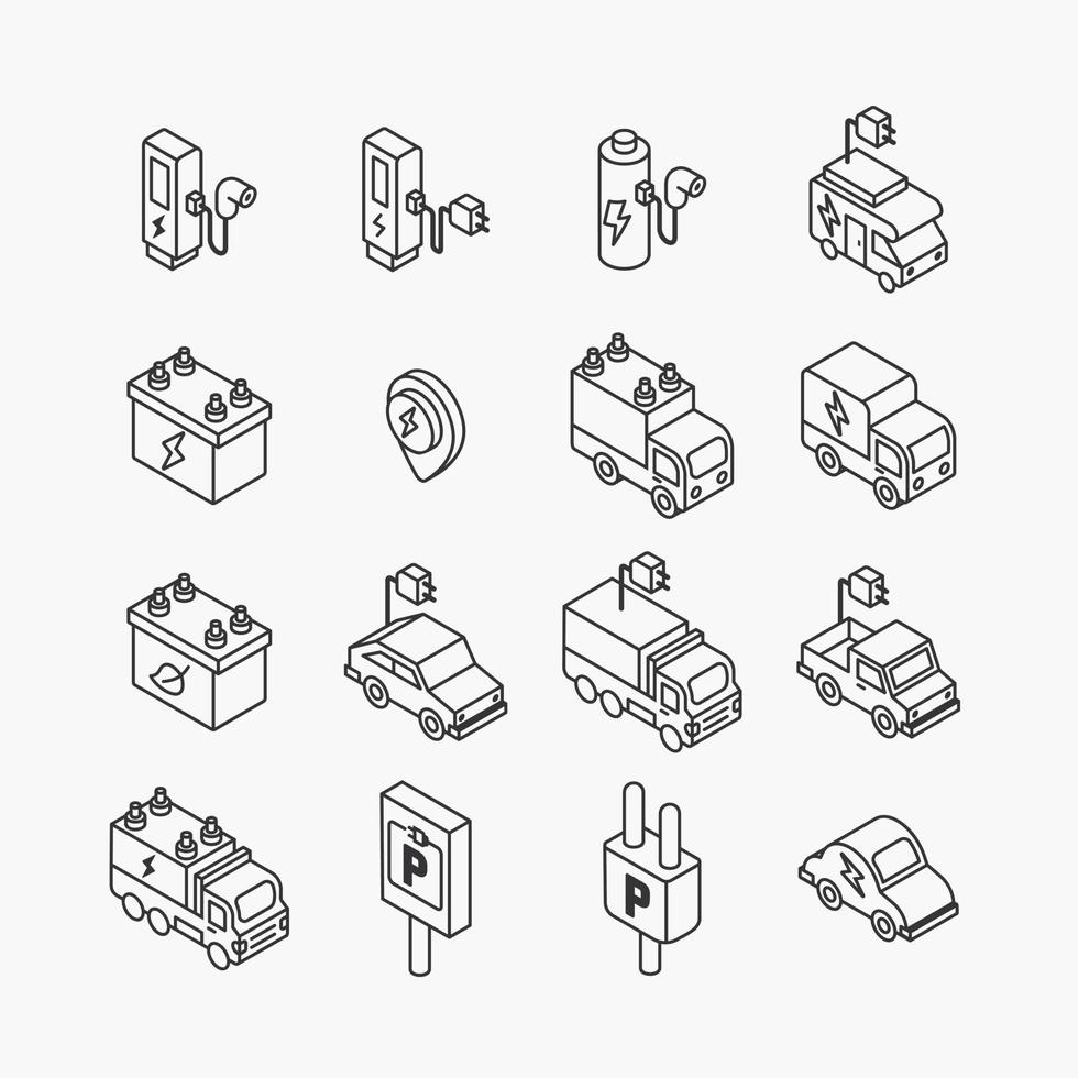 Elektrofahrzeug-Logo isometrische flache Linie Symbole gesetzt. Symbol für saubere Energietechnologie von ev eco. einfacher Designvektor vektor