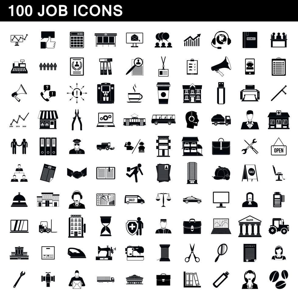 100 Job-Icons gesetzt, einfacher Stil vektor