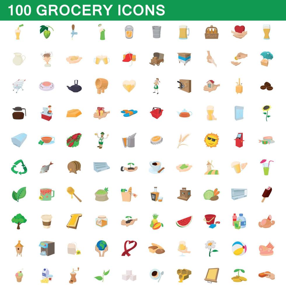 100 Lebensmittel-Symbole im Cartoon-Stil vektor