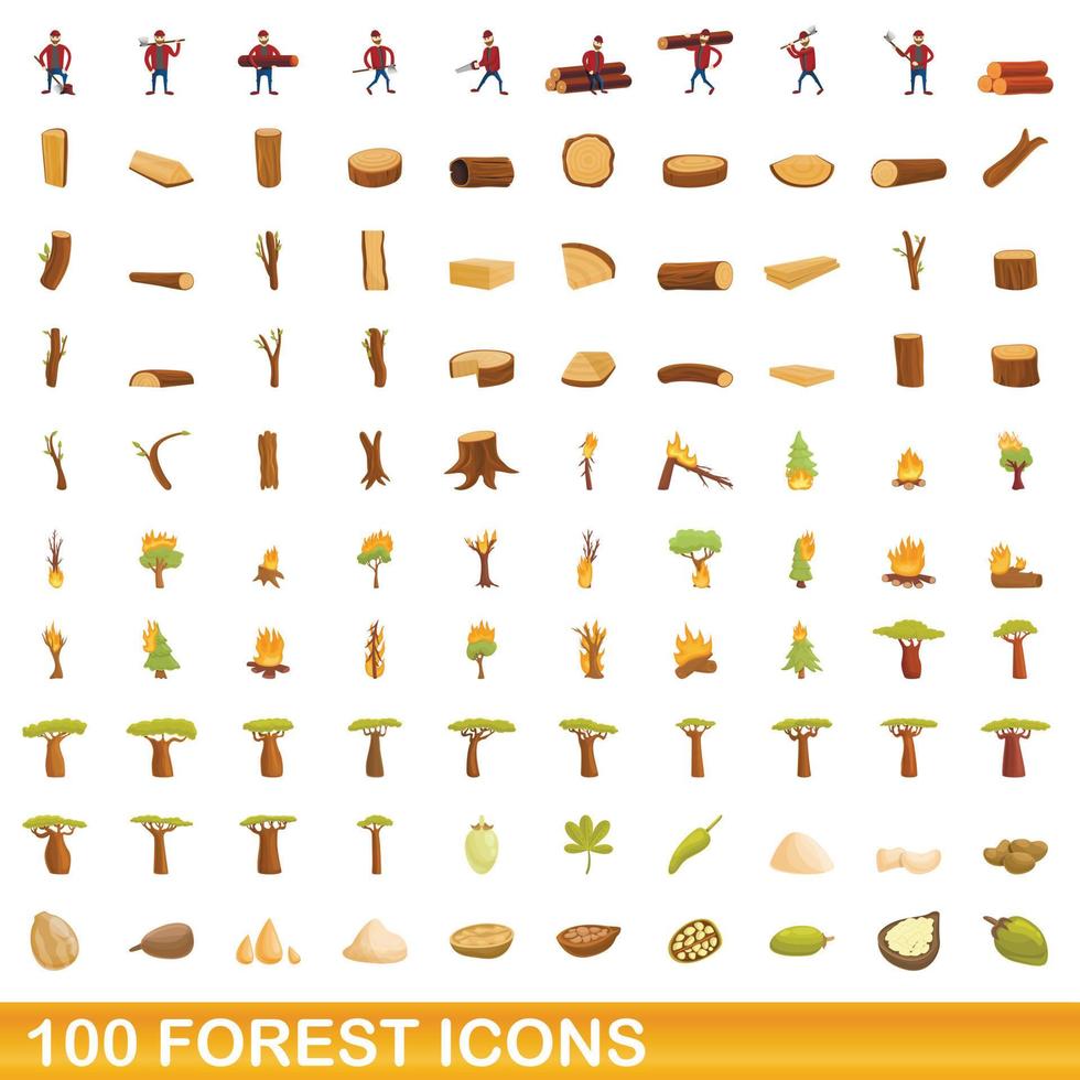 100 skog ikoner set, tecknad stil vektor