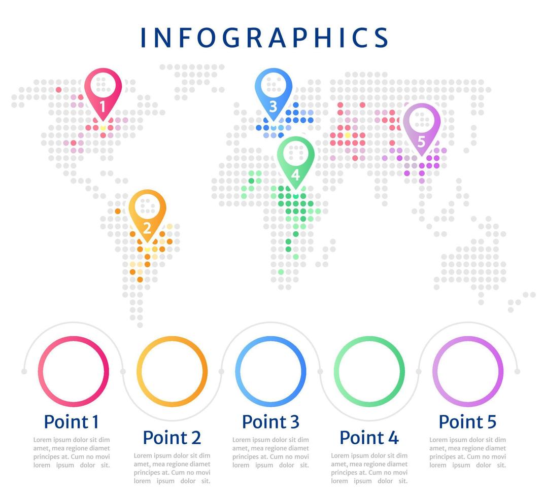 statistik världskarta infographic diagram designmall. abstrakt infodiagram med redigerbar kontur. instruktionsgrafik med 5-punktssekvens. visuell datapresentation vektor