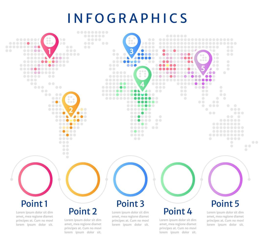 Statistiken Weltkarte Infografik-Diagramm-Design-Vorlage. abstraktes infochart mit bearbeitbarer kontur. Lehrgrafiken mit 5-Punkte-Sequenz. visuelle Datenpräsentation vektor