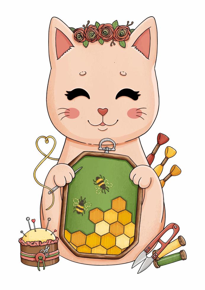 katze mit stickerei, blumen, honig, bienenvektorillustration vektor