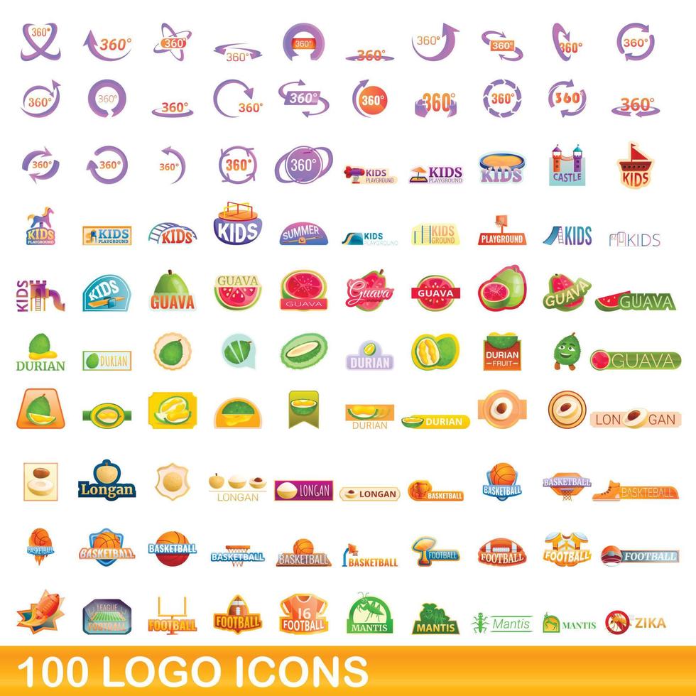 100 logotyp ikoner set, tecknad stil vektor