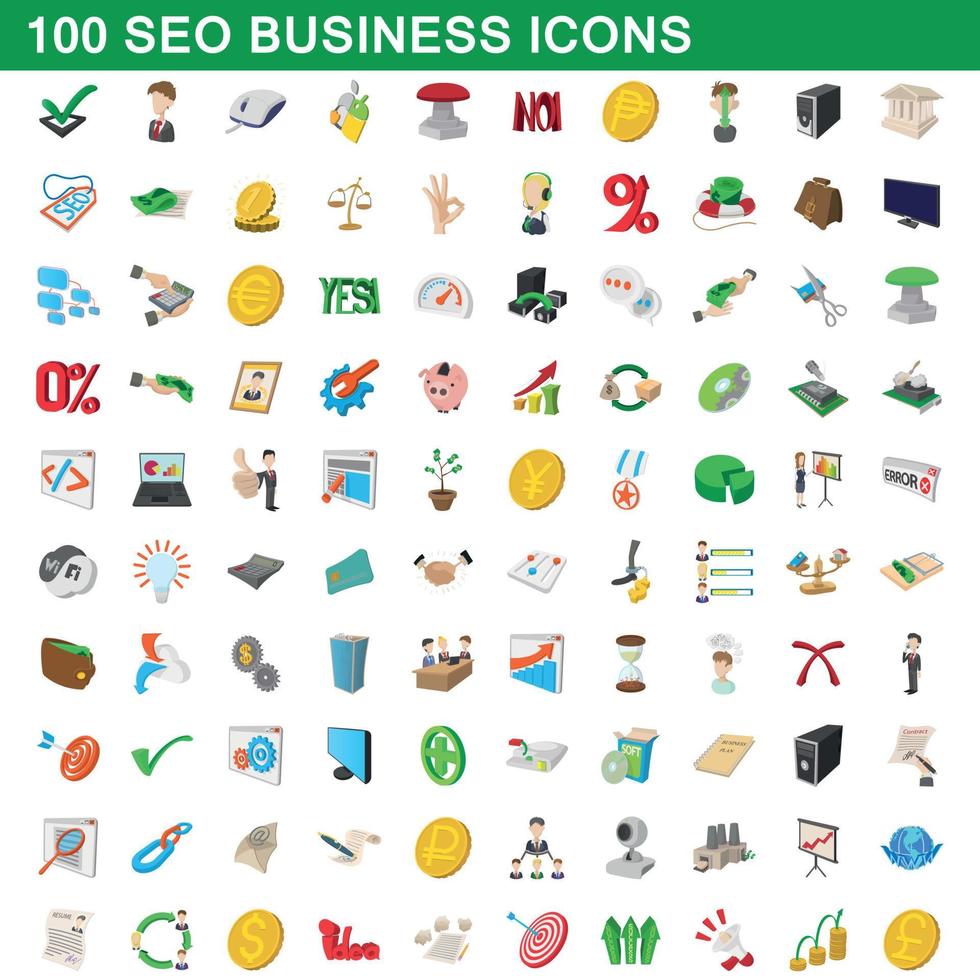100 seo business ikoner set, tecknad stil vektor