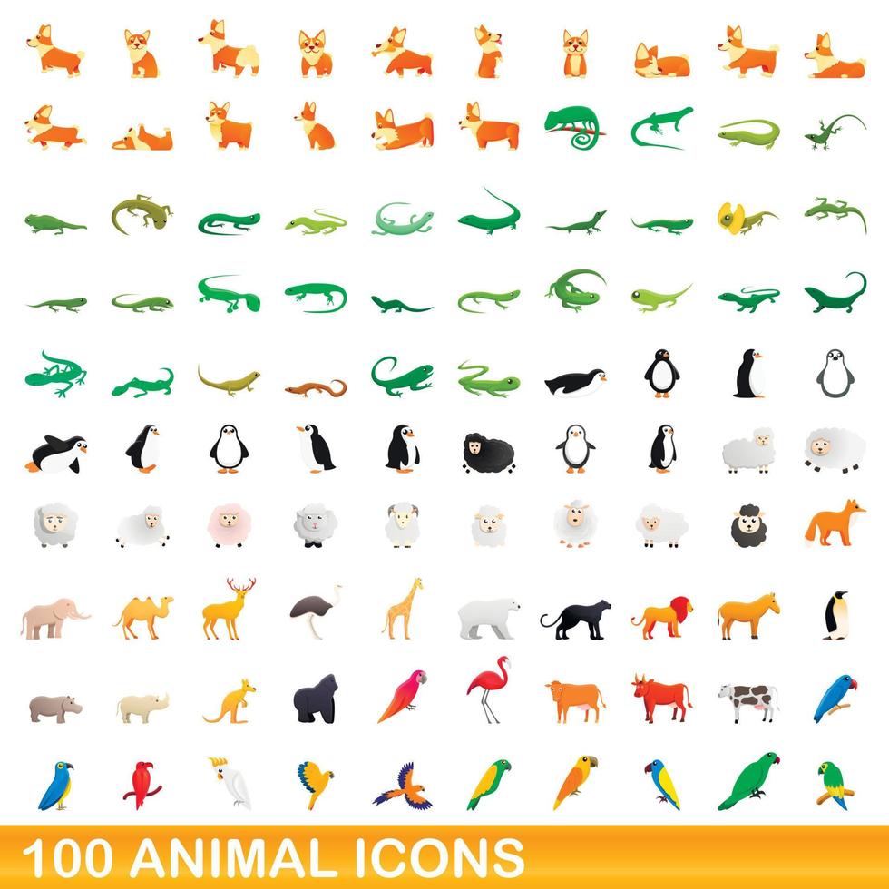 100 djur ikoner set, tecknad stil vektor