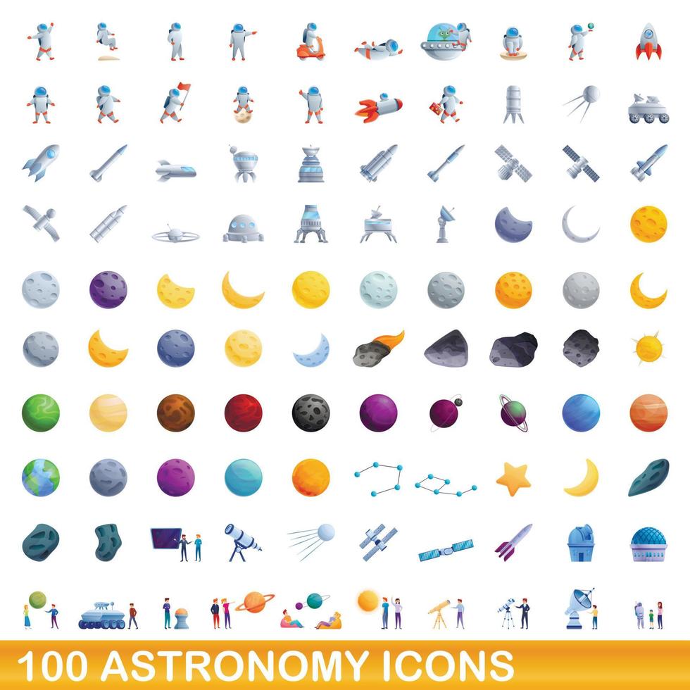 100 Astronomie-Symbole im Cartoon-Stil vektor