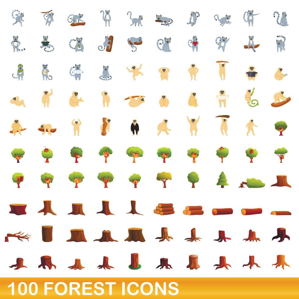 100 skog ikoner set, tecknad stil vektor