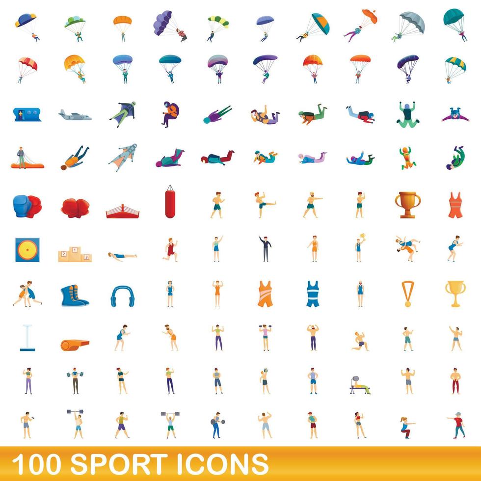 100 sport ikoner set, tecknad stil vektor