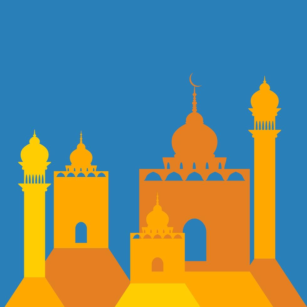 gul moskéillustration med två minareter och fem kupoler i pappersstil för islamiska stunder som ramadan och eid vektor