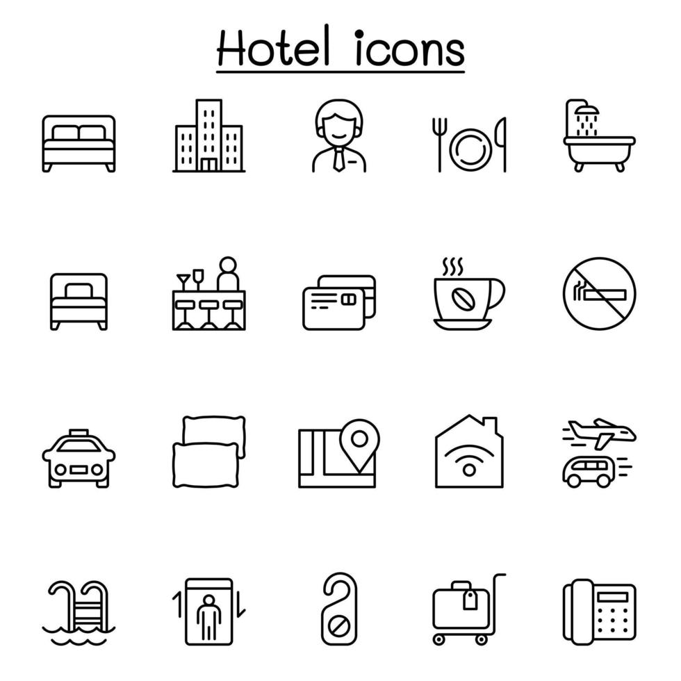 hotell ikonuppsättning i tunn linje stil vektor