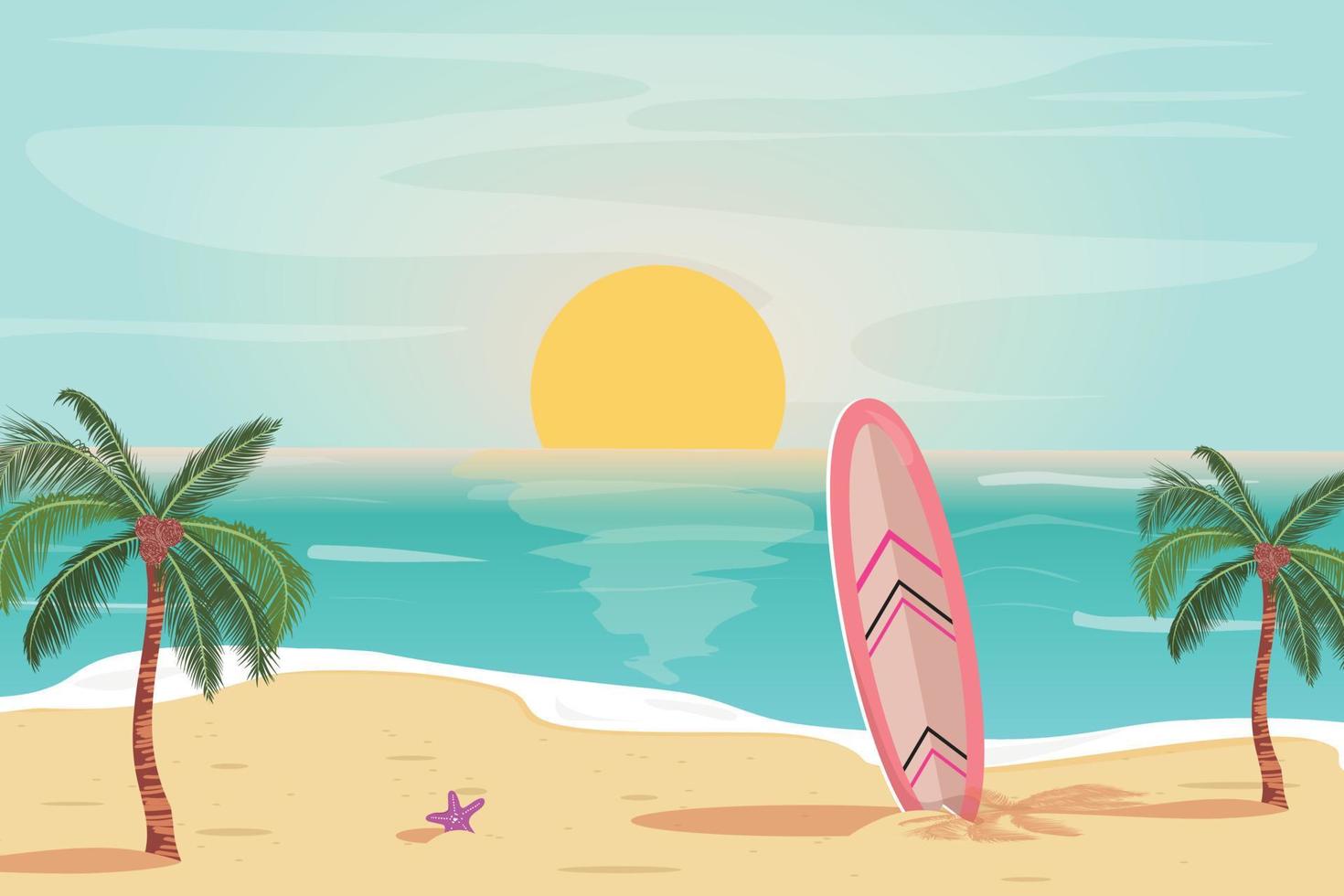 schöne sonnenuntergangillustration mit strand, surfbrett, palmen und seesternen. sommerlicher tropischer sonnenuntergang für karten, banner, hintergründe. reise, urlaubskonzeptillustration. vektor