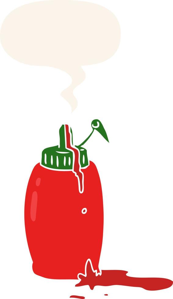 Cartoon-Tomaten-Ketchup-Flasche und Sprechblase im Retro-Stil vektor