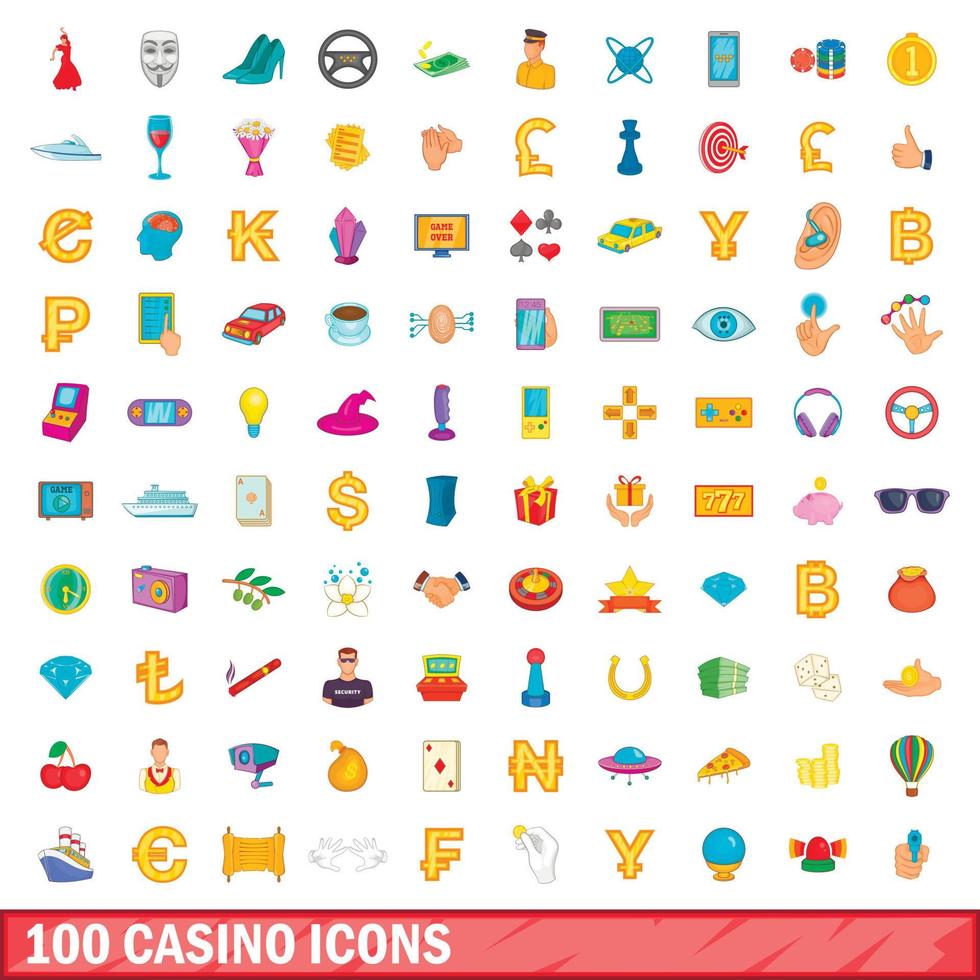 100 Casino-Symbole im Cartoon-Stil vektor