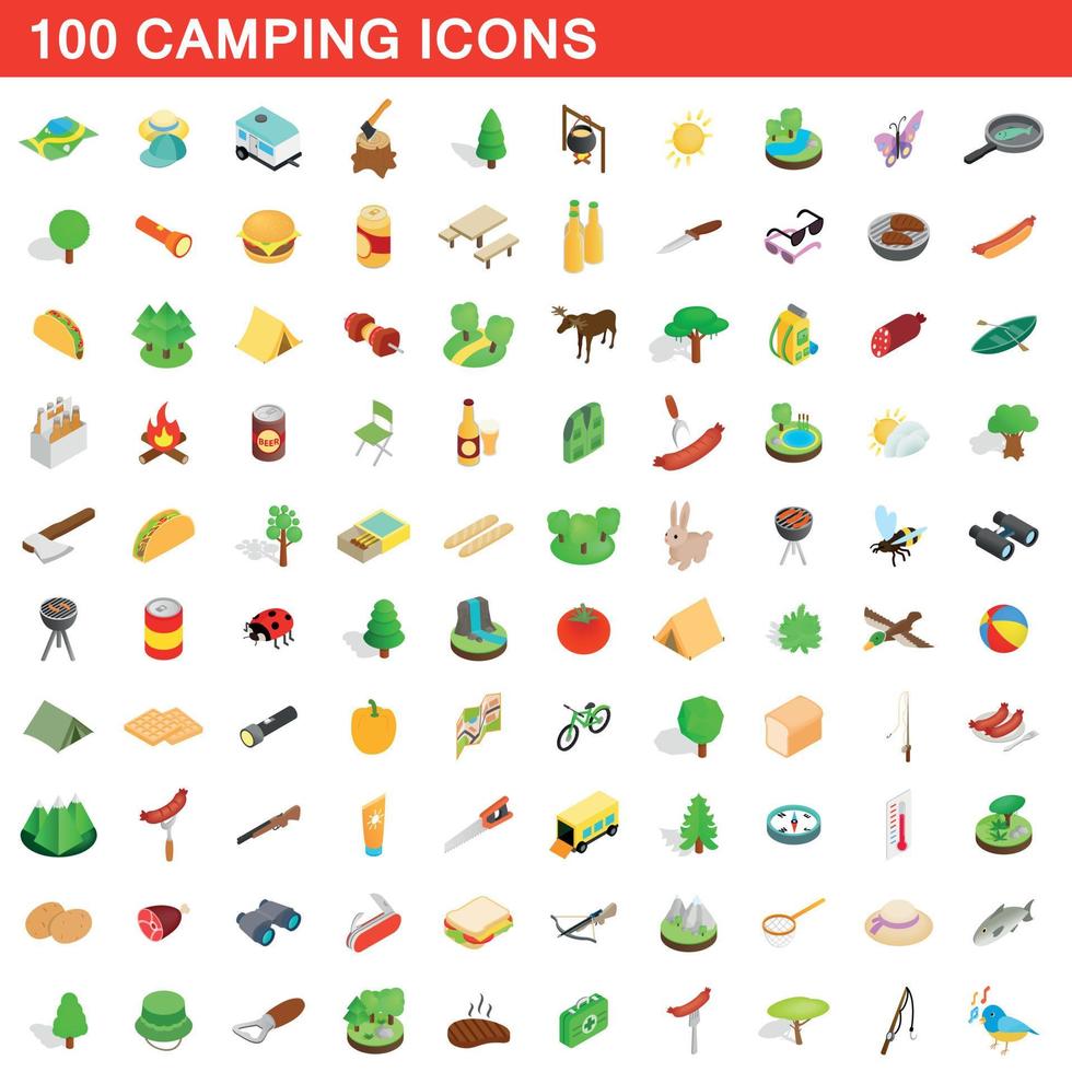 100 Camping-Icons gesetzt, isometrischer 3D-Stil vektor