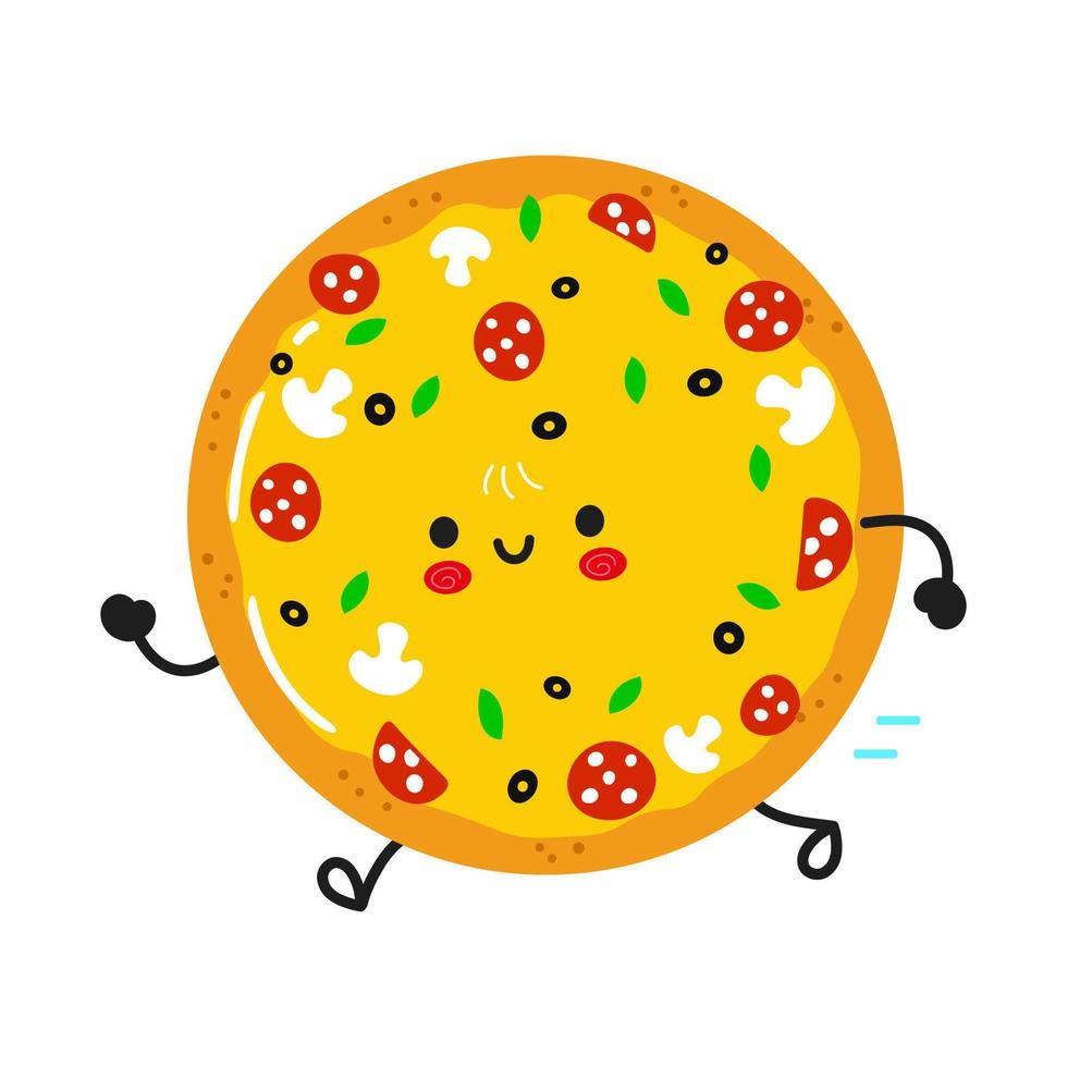 süße lustige Laufpizza. vektor hand gezeichnete karikatur kawaii charakter illustration symbol. isoliert auf weißem Hintergrund. Pizza-Konzept ausführen