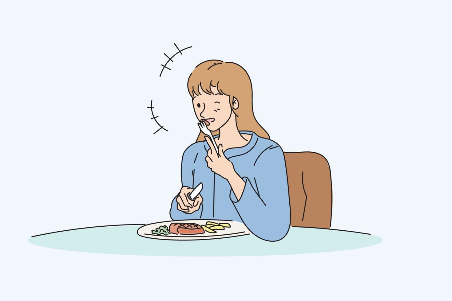 mädchen genießen es, steak in der blauen farbe der flachen vektorkarikaturillustration des tellers zu essen vektor