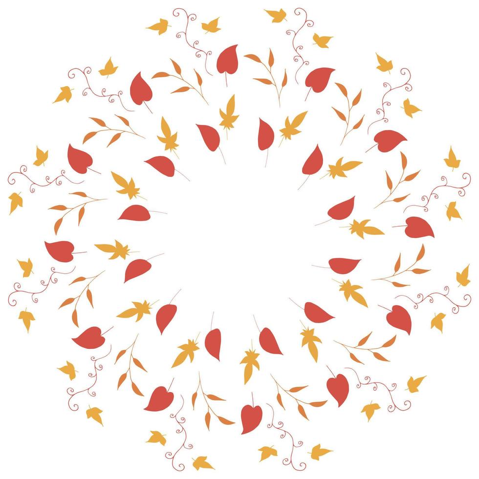 rund ram med vertikala röda, orange, gula blad och dekorativa element blad på vit bakgrund. isolerad krans för din design. vektor
