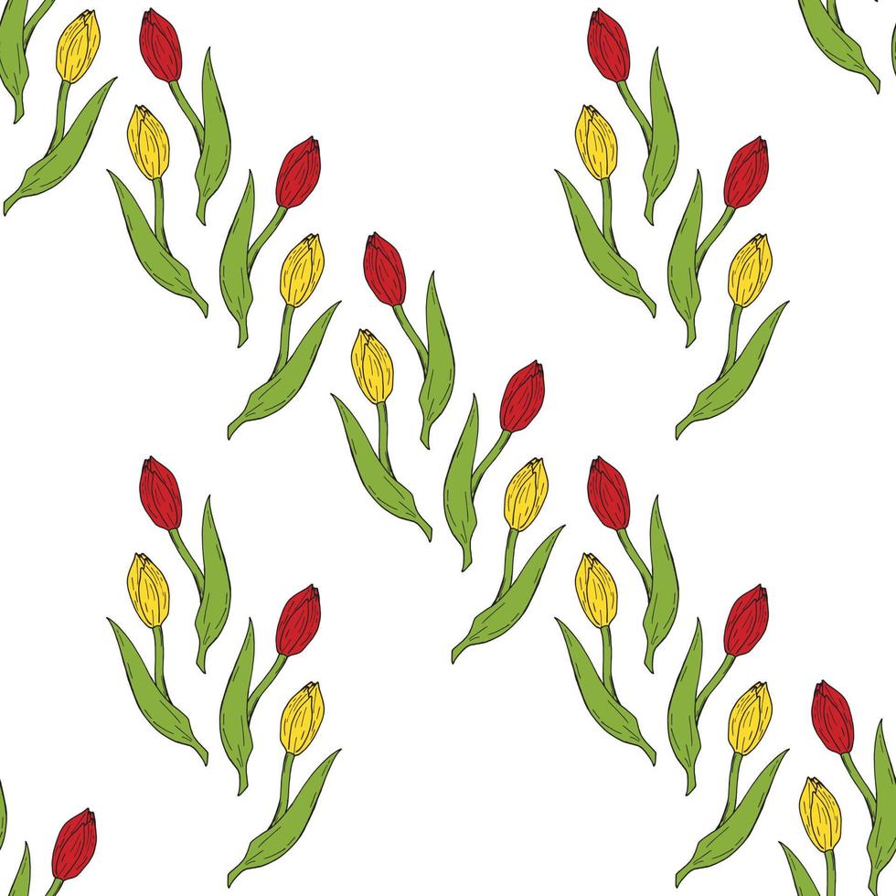 Nahtloser Hintergrund des Zeichnens von roten und gelben Tulpen. endloses Muster mit Blumen für Ihr Design. vektor