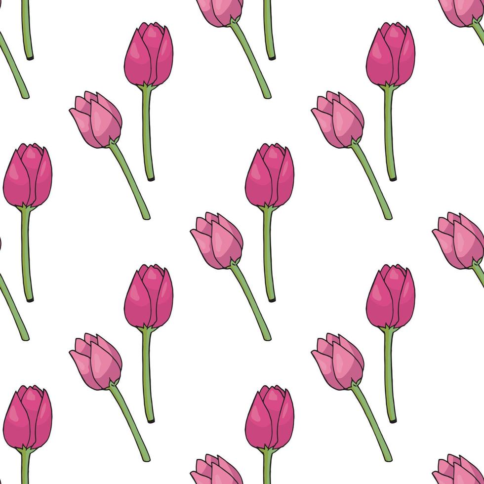 nahtloser Hintergrund mit positiven rosa Tulpen auf weißem Hintergrund. endloser Blumenhintergrund für Ihr Design. vektor