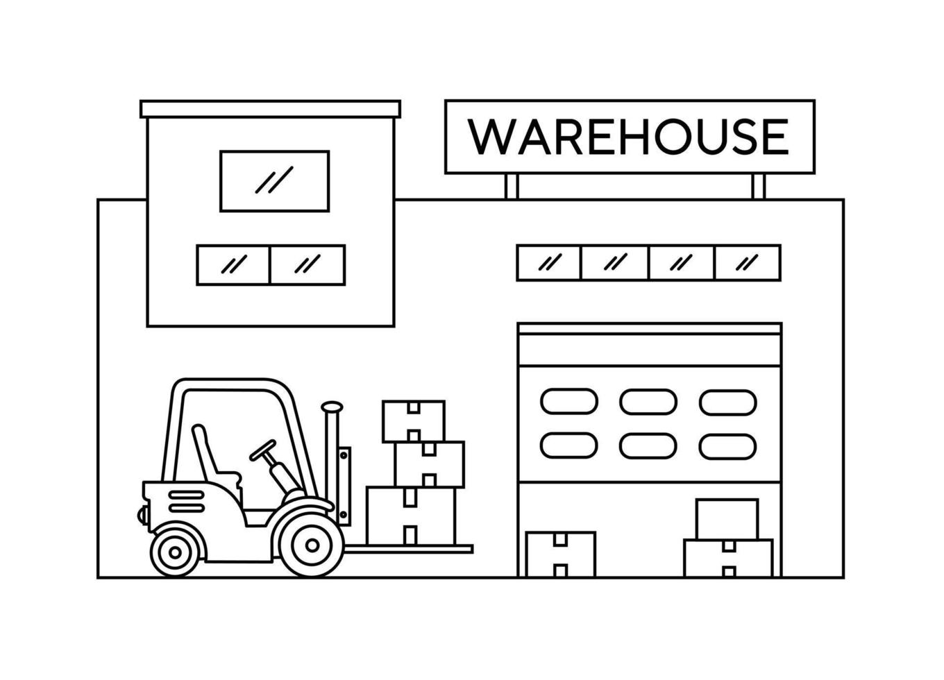 lagerbyggnad. lastaren transporterar varorna till lagret. logistik och leverans. förvarings rum. linjär vektor illustration, ikon.