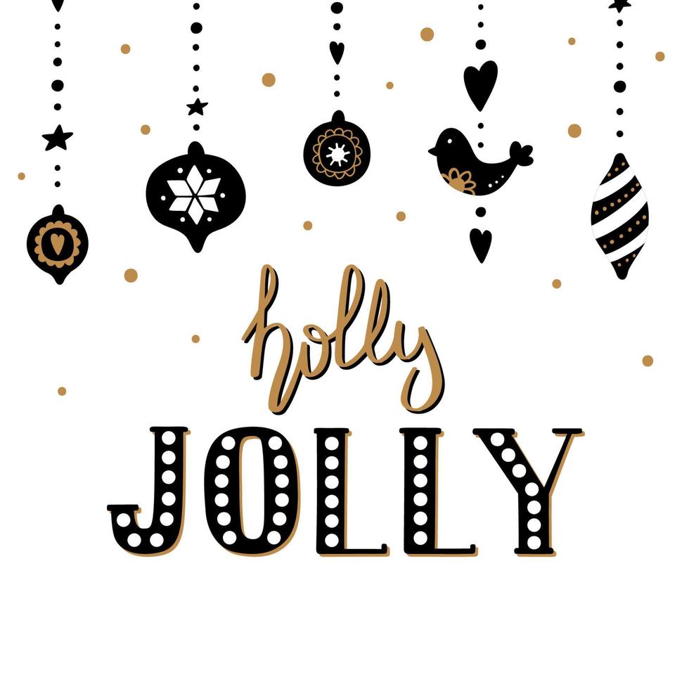 god jul och gott nytt år gratulationskort med handritade girlanger och bokstäver holly jolly. vektor illustration.