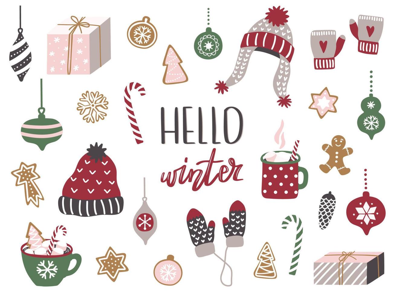 satz frohe weihnachten und frohes neues jahr elemente. gemütliche wintersaison.vektorillustration mit weihnachtsbaum, auto, spielzeug, lebkuchen, tasse heißer schokolade, geschenken, winterwollmütze und handschuhen. vektor